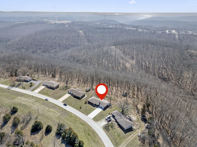 bird's eye view featuring a rural view and a wooded view