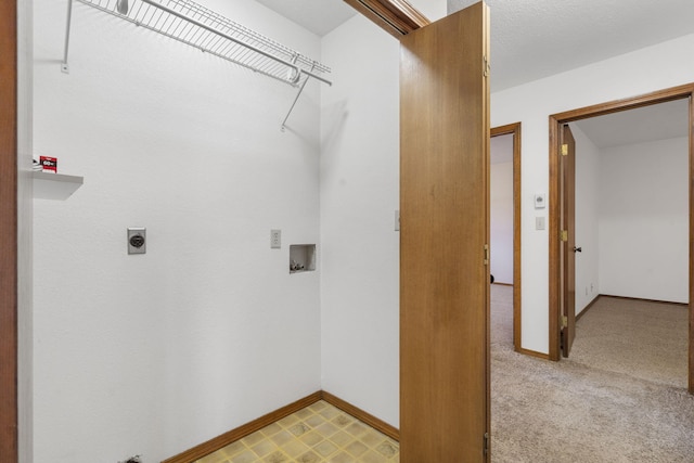 laundry area with hookup for an electric dryer, washer hookup, baseboards, light colored carpet, and laundry area