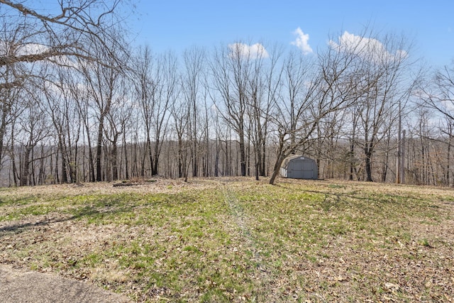 view of yard featuring a forest view, a storage unit, and an outdoor structure