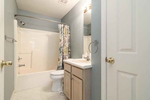 bathroom featuring vanity, visible vents, shower / bath combination with curtain, tile patterned floors, and toilet