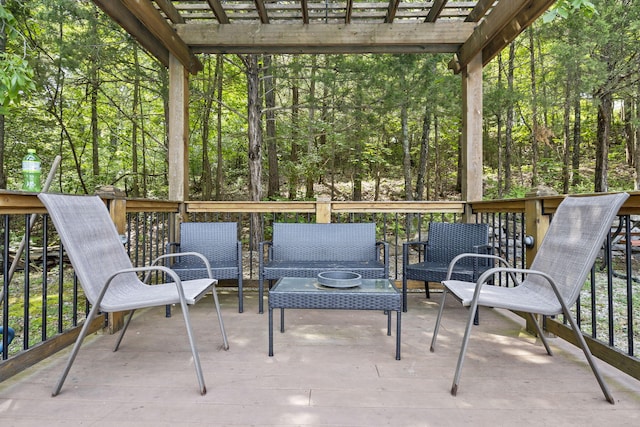 982 Indian Point Rd Unit 313, Indian Point, MO 65616 - view of patio featuring a wooden deck, a wooded view, outdoor lounge area, and a pergola