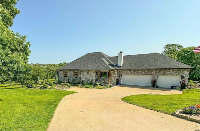 view of front of property featuring a front lawn, stone siding, concrete driveway, a garage, and a chimney