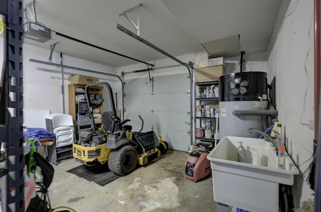 garage featuring water heater, a garage door opener, and a sink