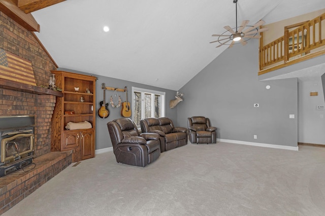 living room with carpet, a ceiling fan, and baseboards