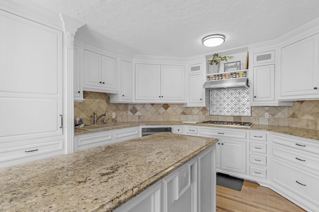 kitchen with range hood, light stone counters, a sink, white cabinetry, and tasteful backsplash