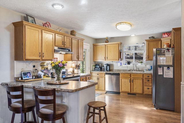 kitchen with a sink, under cabinet range hood, stainless steel appliances, a peninsula, and light wood finished floors