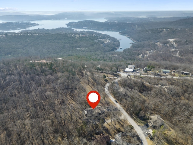 drone / aerial view with a water view and a wooded view