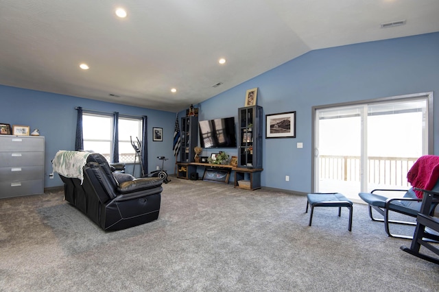 living area featuring recessed lighting, baseboards, carpet, and lofted ceiling