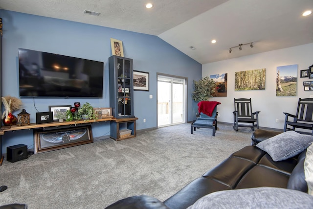 living area featuring carpet, visible vents, baseboards, recessed lighting, and vaulted ceiling