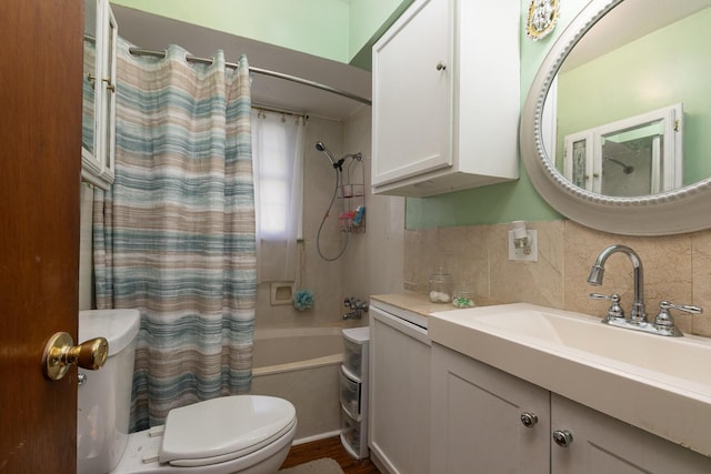 full bathroom featuring decorative backsplash, toilet, vanity, and shower / bath combo with shower curtain