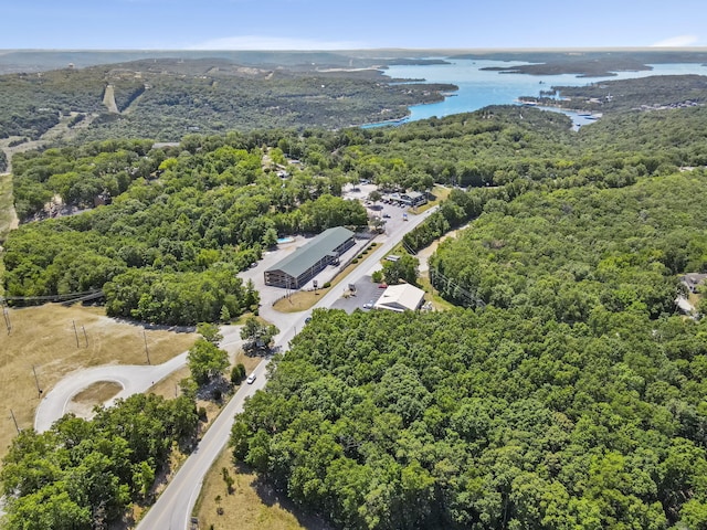 bird's eye view featuring a forest view and a water view