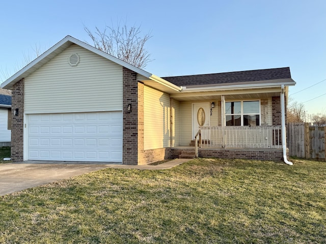 single story home featuring brick siding, a porch, a front yard, driveway, and an attached garage