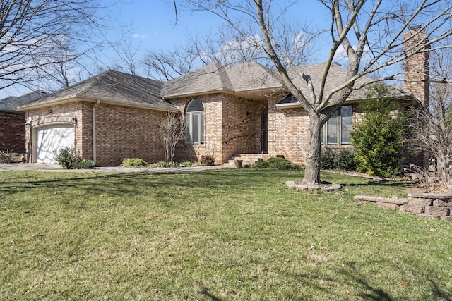 single story home featuring brick siding, an attached garage, and a front lawn