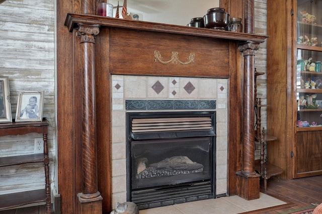 interior details featuring a fireplace