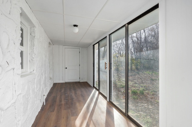 hall featuring wood finished floors, floor to ceiling windows, and a paneled ceiling