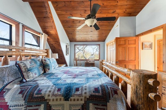 bedroom with wood ceiling, multiple windows, and lofted ceiling