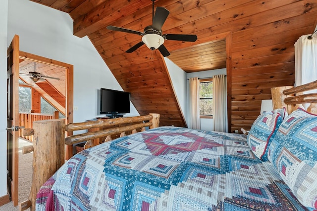 bedroom featuring wood ceiling, lofted ceiling with beams, and a ceiling fan