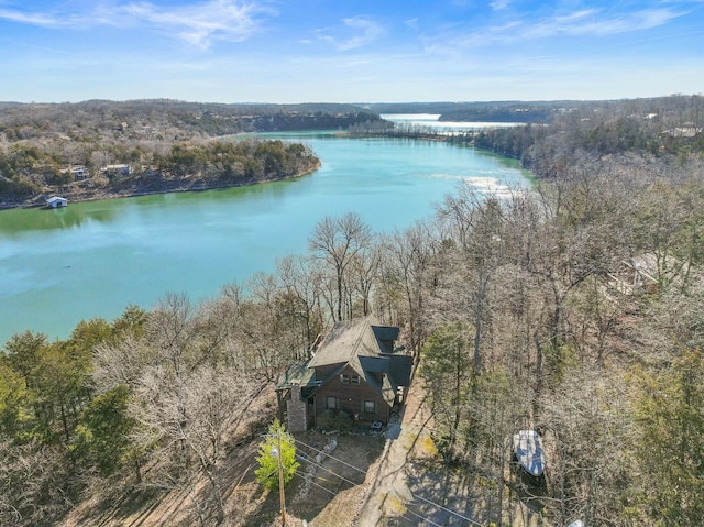 aerial view featuring a view of trees and a water view