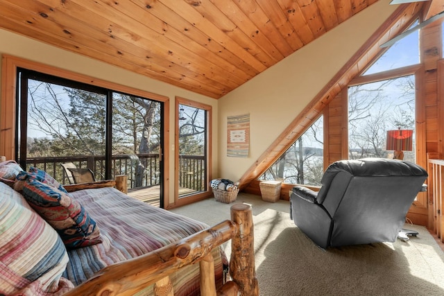 bedroom with lofted ceiling, access to outside, wood ceiling, and carpet floors