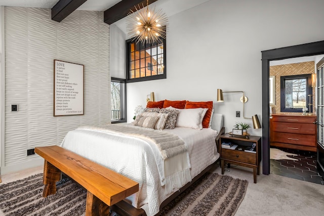 carpeted bedroom with beam ceiling, a notable chandelier, and high vaulted ceiling