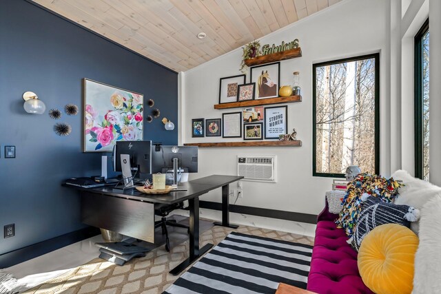 office with lofted ceiling, wood ceiling, baseboards, and a wall mounted AC