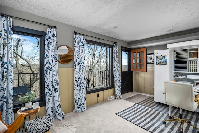 carpeted home office with visible vents and a textured ceiling