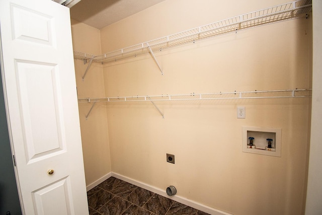 laundry room with baseboards, laundry area, hookup for a washing machine, marble finish floor, and hookup for an electric dryer