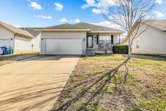 single story home with an attached garage, a front lawn, roof with shingles, covered porch, and driveway