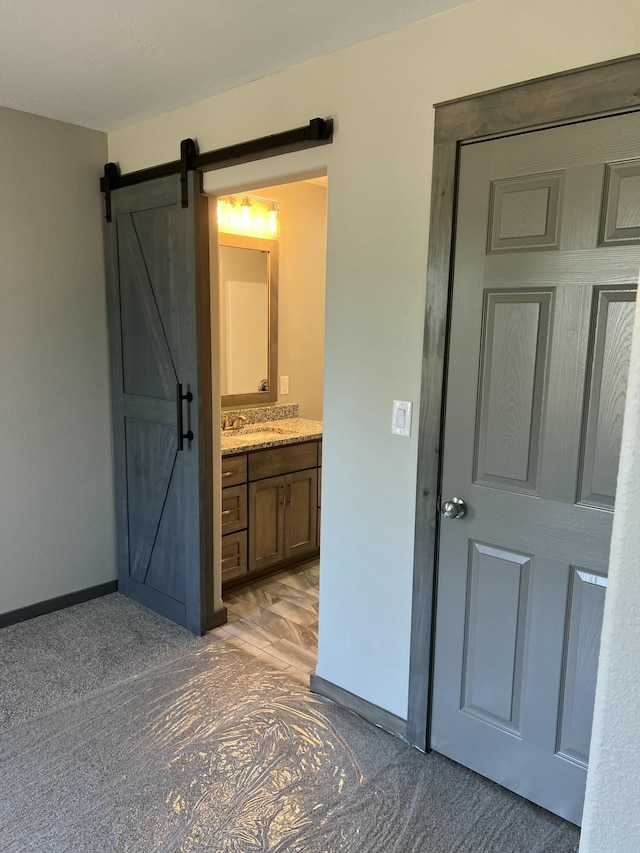 interior space with a sink, a barn door, baseboards, and connected bathroom