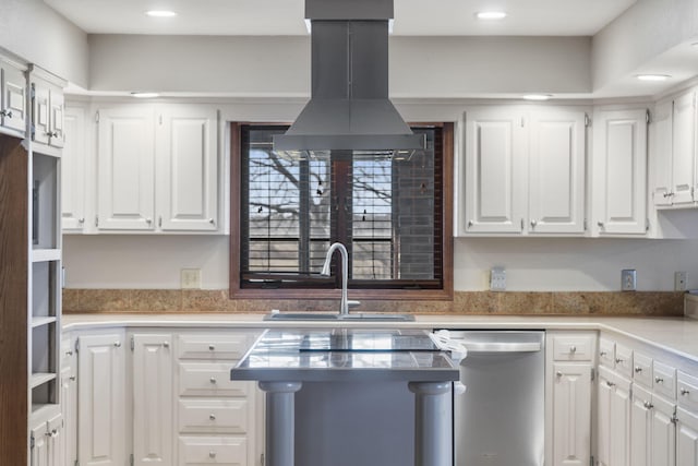 kitchen featuring a sink, stainless steel dishwasher, white cabinets, island range hood, and light countertops