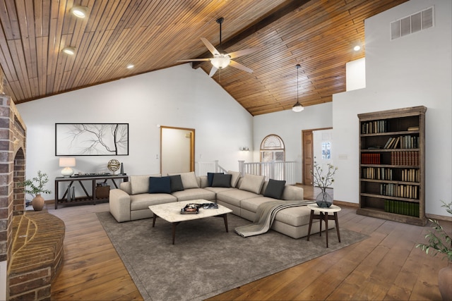 living area featuring visible vents, ceiling fan, wood ceiling, high vaulted ceiling, and wood-type flooring