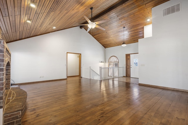 unfurnished living room with hardwood / wood-style flooring, a ceiling fan, visible vents, and high vaulted ceiling