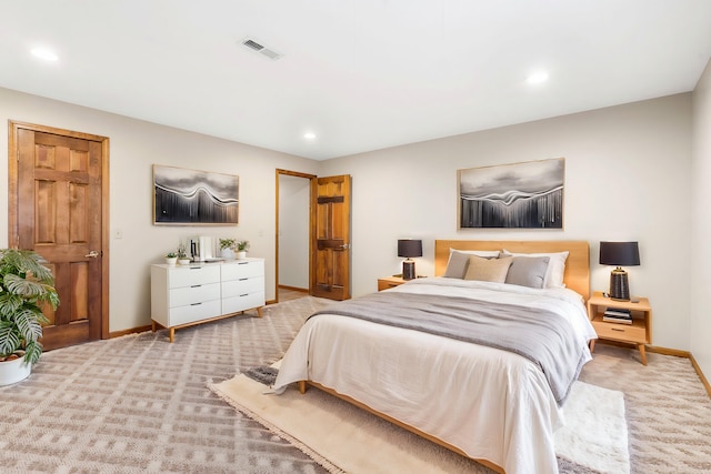 bedroom featuring visible vents, recessed lighting, baseboards, and carpet floors