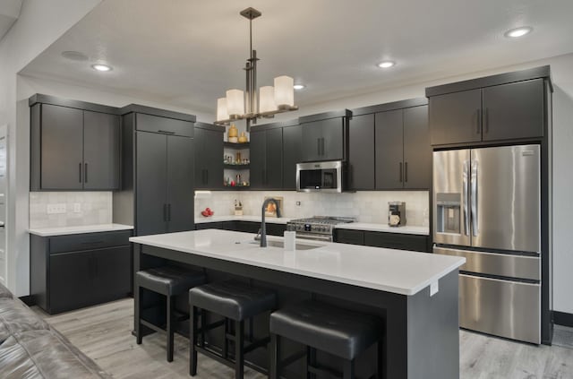 kitchen with a sink, decorative light fixtures, backsplash, appliances with stainless steel finishes, and light countertops