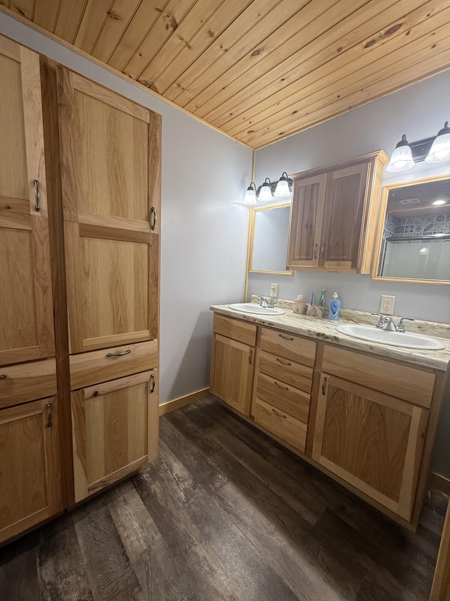 full bathroom featuring double vanity, wood finished floors, wood ceiling, and a sink