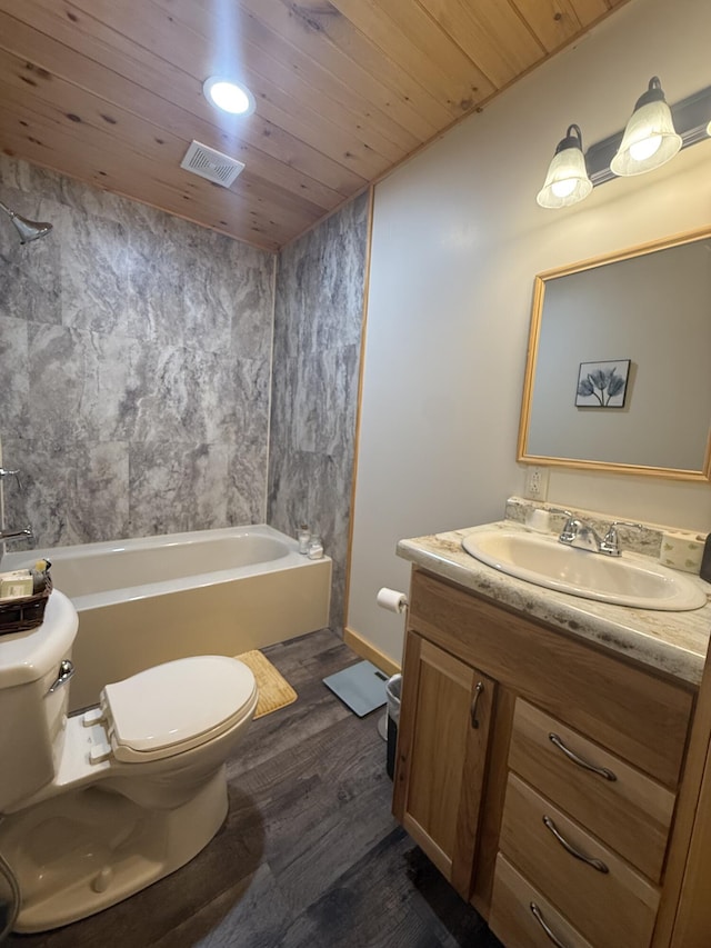 bathroom featuring vanity, wood finished floors, visible vents, wood ceiling, and toilet