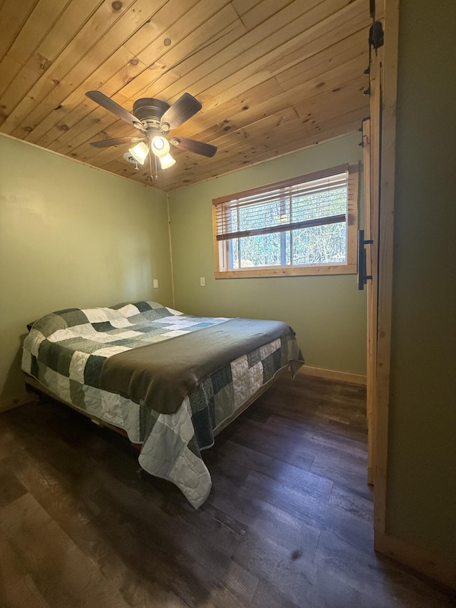 bedroom featuring wooden ceiling, wood finished floors, and baseboards