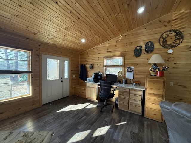 home office with wood ceiling, dark wood-type flooring, a healthy amount of sunlight, and vaulted ceiling