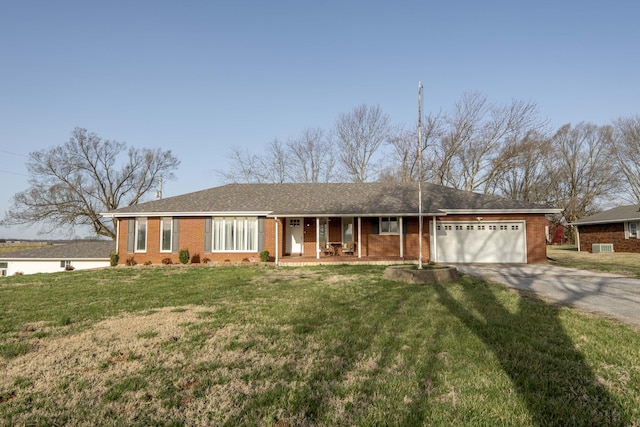 ranch-style house with a front lawn, covered porch, concrete driveway, an attached garage, and brick siding