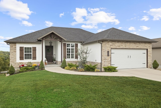 ranch-style home featuring a front yard, an attached garage, driveway, and a shingled roof