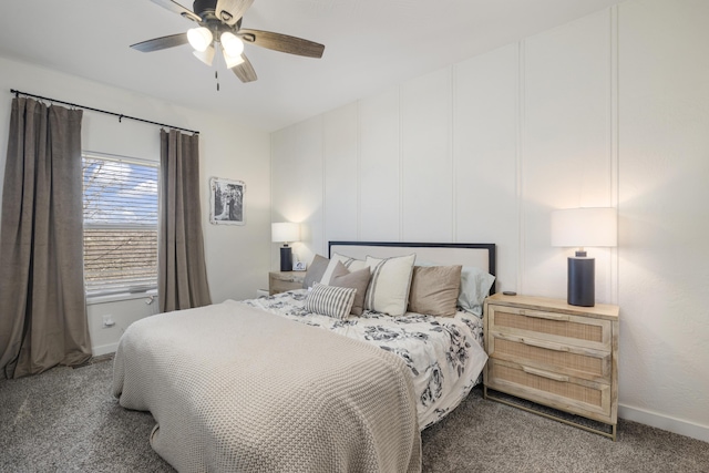 bedroom featuring carpet, baseboards, and ceiling fan