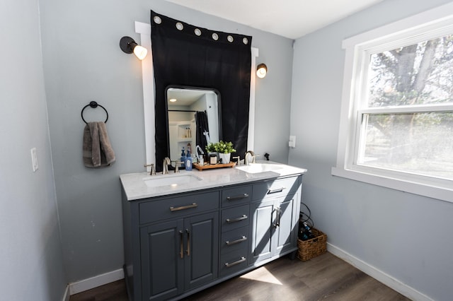 full bathroom featuring a sink, baseboards, wood finished floors, and double vanity