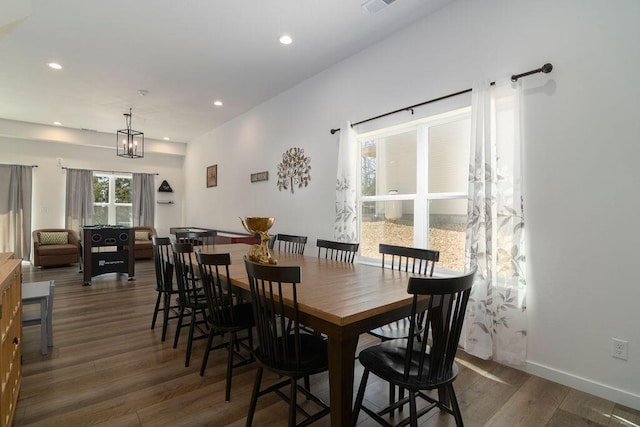 dining space with recessed lighting, visible vents, baseboards, and dark wood finished floors