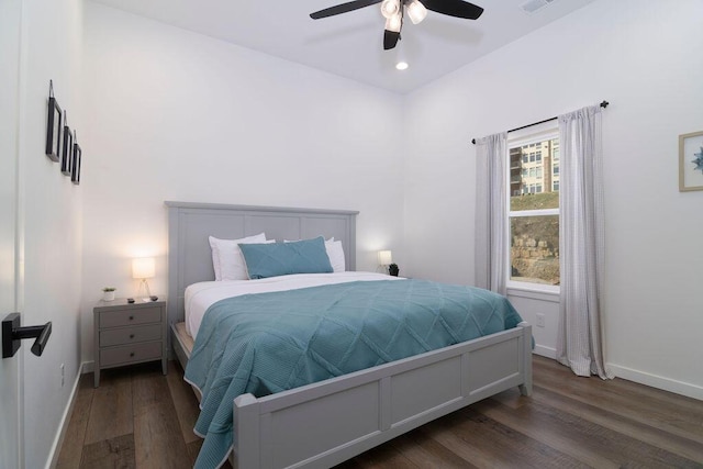 bedroom with visible vents, wood finished floors, recessed lighting, baseboards, and ceiling fan