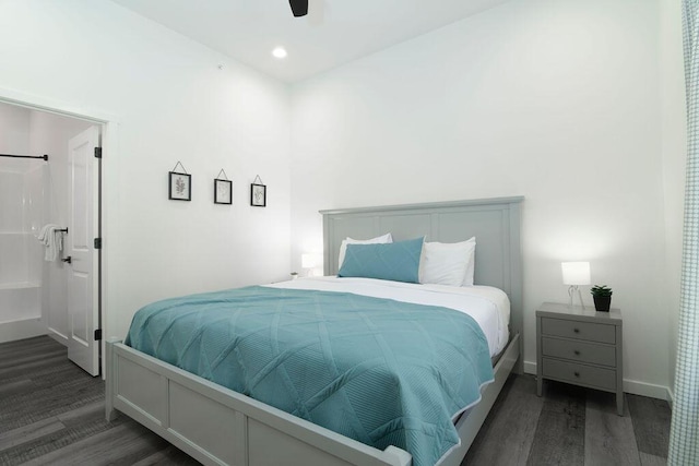 bedroom with recessed lighting, wood finished floors, baseboards, and ceiling fan