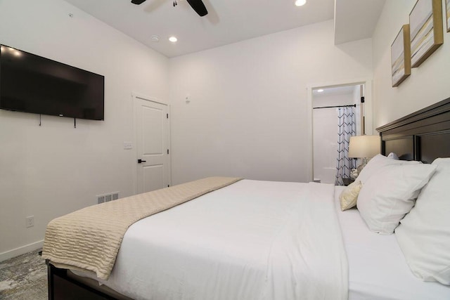 bedroom featuring recessed lighting, visible vents, baseboards, and a ceiling fan