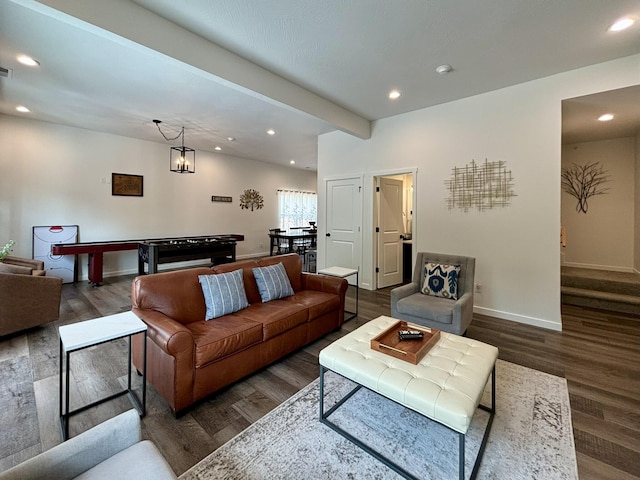 living area with beam ceiling, recessed lighting, baseboards, and dark wood-style flooring