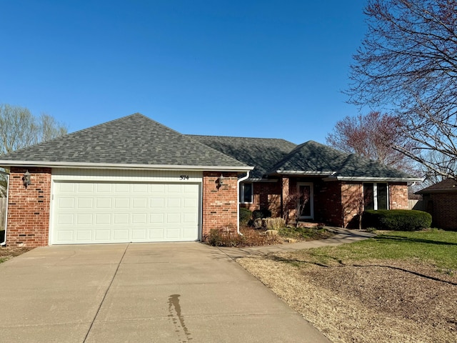 single story home with brick siding, driveway, a shingled roof, and a garage