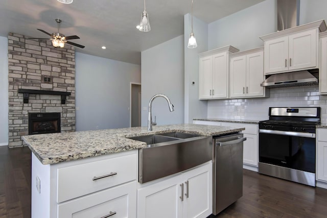 kitchen with tasteful backsplash, under cabinet range hood, stainless steel appliances, a ceiling fan, and a sink