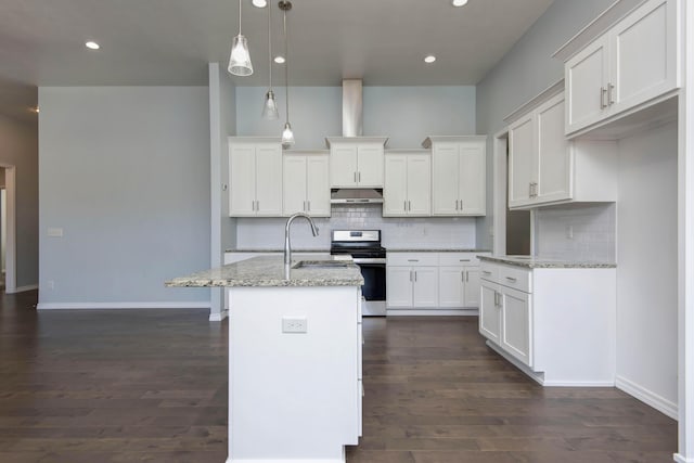 kitchen with under cabinet range hood, dark wood finished floors, stainless steel range with electric cooktop, and a sink